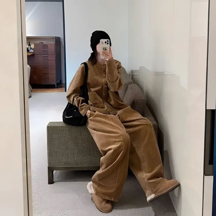 秋冬季慵懒风宽松圆领系扣外套上衣女高腰显瘦休闲阔腿长裤两件套