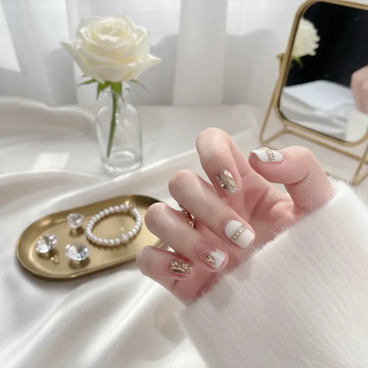 【雪色霜华】新款高品质雪白色带钻秋冬氛围感法式纯手工穿戴甲