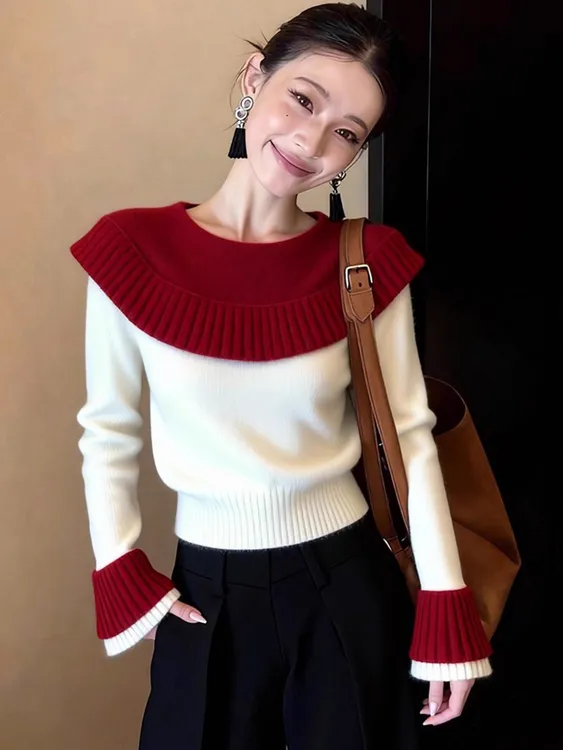 时尚轻奢绝美白色拼接圆领长袖针织衫女秋冬新款洋气减龄修身小衫