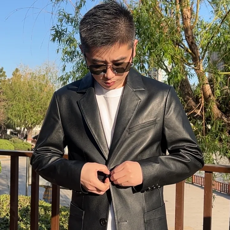 2025新款头层小牛皮衣秋冬款牛皮西装男款商务休闲真皮西装外套