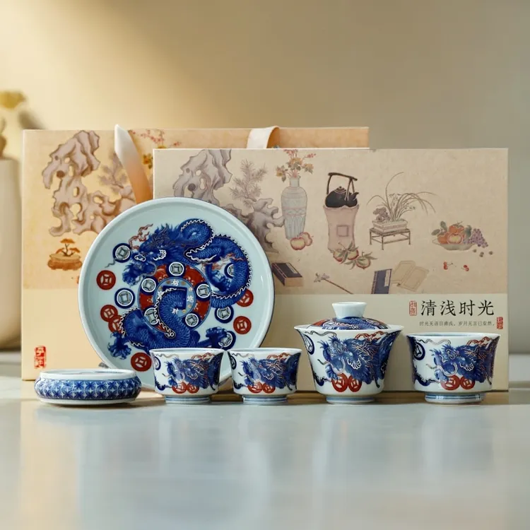 羊脂玉瓷复古青花釉里红中式盖碗茶具套装高端全套泡茶专用礼盒装