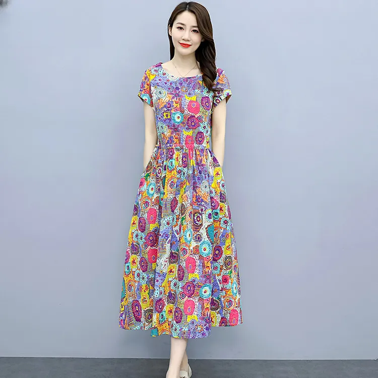 时尚连衣裙女夏季2025新款韩版女装文艺碎花宽松收腰显瘦印花裙子