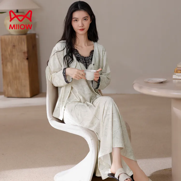 MiiOW/猫人套装女气质褶皱蕾丝衬衫女2025新款高腰显瘦长裙睡裙