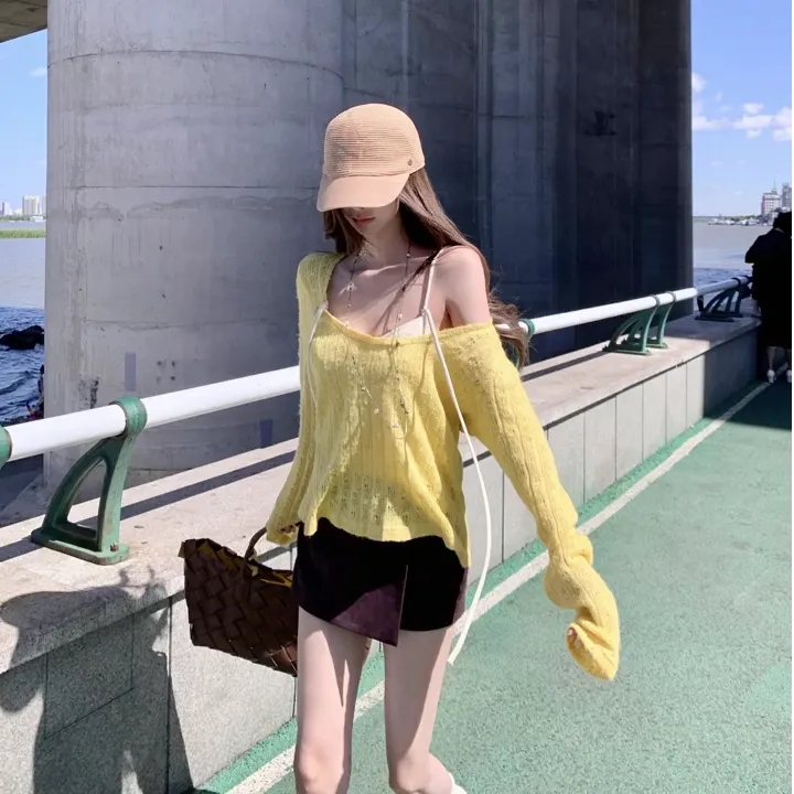法式性感镂空一字肩针织衫女2025秋季宽松显瘦长袖上衣百搭半裙子