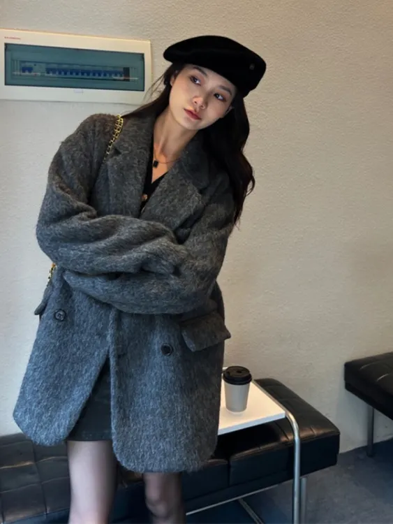 灰色西装大衣女高级感2025秋冬季新款加厚呢子小个子短款毛呢外套