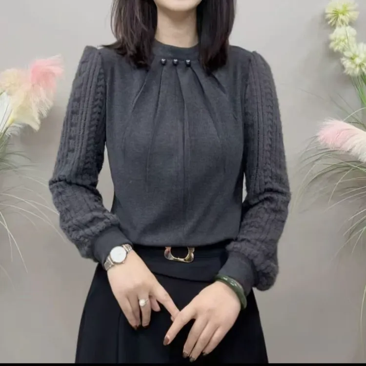 圆领珍珠拼接长袖衬衫2025秋季新款优雅气质时尚设计感Z上衣21107