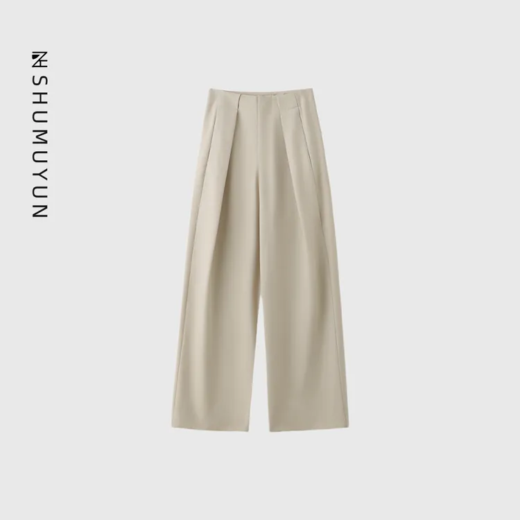 言秋-醋酸蚕丝羊毛混纺设计师款垂感窄版直筒阔腿裤高腰裤子