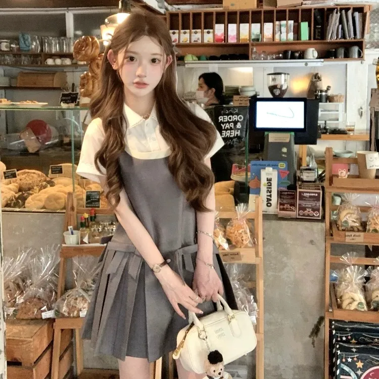 【云烟香根草】韩系甜美少女2025夏季灰蝴蝶结百褶撞色背心裙配衬衫