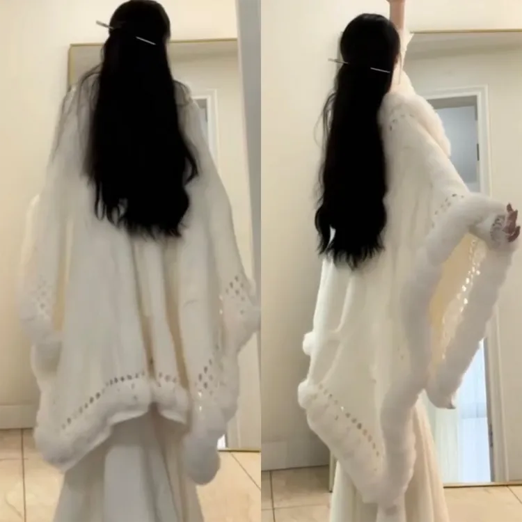 秋冬旗袍披肩外搭慵懒麻花针织毛毛斗篷厚款加长款中长款外套国风