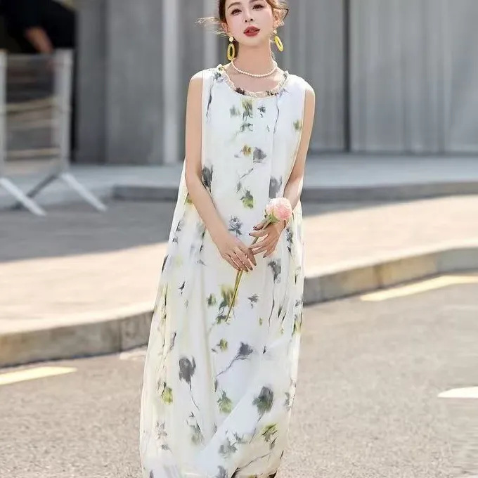 涟画（玫瑰新款）无袖夏季蚕 丝 圆领2025年扎染印花显瘦高腰连衣裙