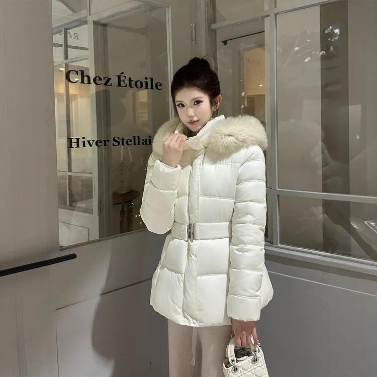 韩系2025冬季新款沙漏腰棉服女温柔保暖毛领连帽中长收腰棉袄外套