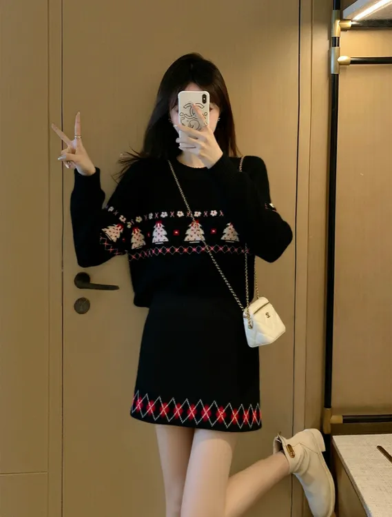 费尔岛黑色毛衣提花套装女2025新款秋冬穿搭针织上衣半身裙两件套