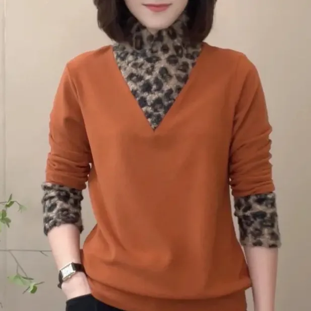 770冬季保暖豹纹拼接休闲卫衣女士百搭长袖小衫气质显瘦打底衫女