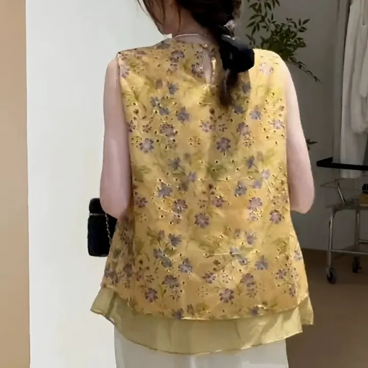 欧货复古印花无袖衬衫女2025夏季新款宽松显瘦不规则叠穿背心上衣