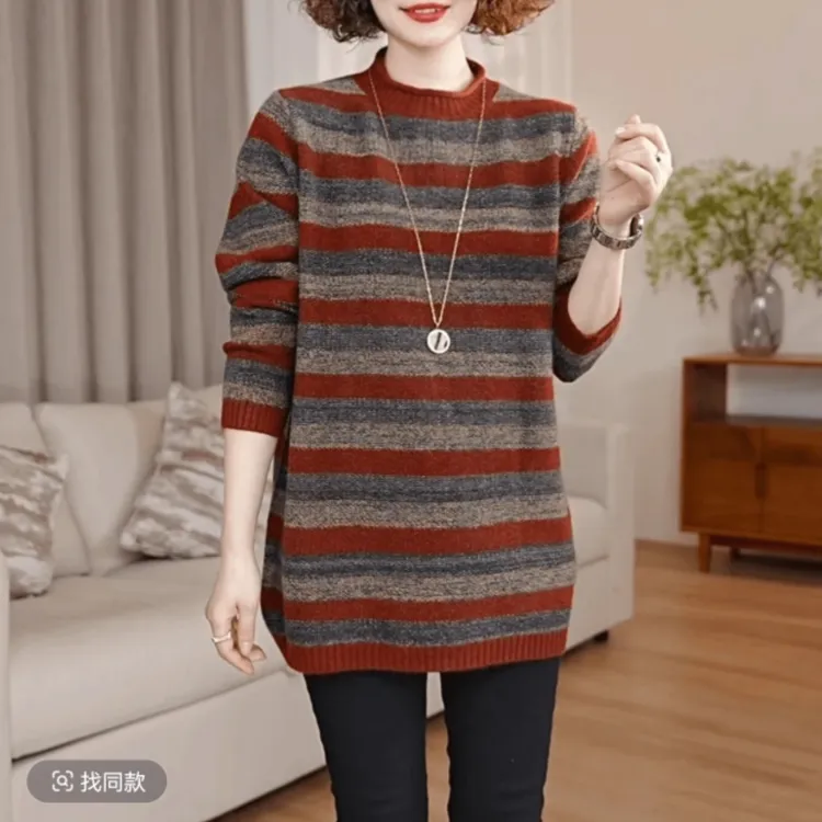 秋冬新款时尚休闲风女士拼色条纹针织衫洋气中年妈妈中长款厚毛衣