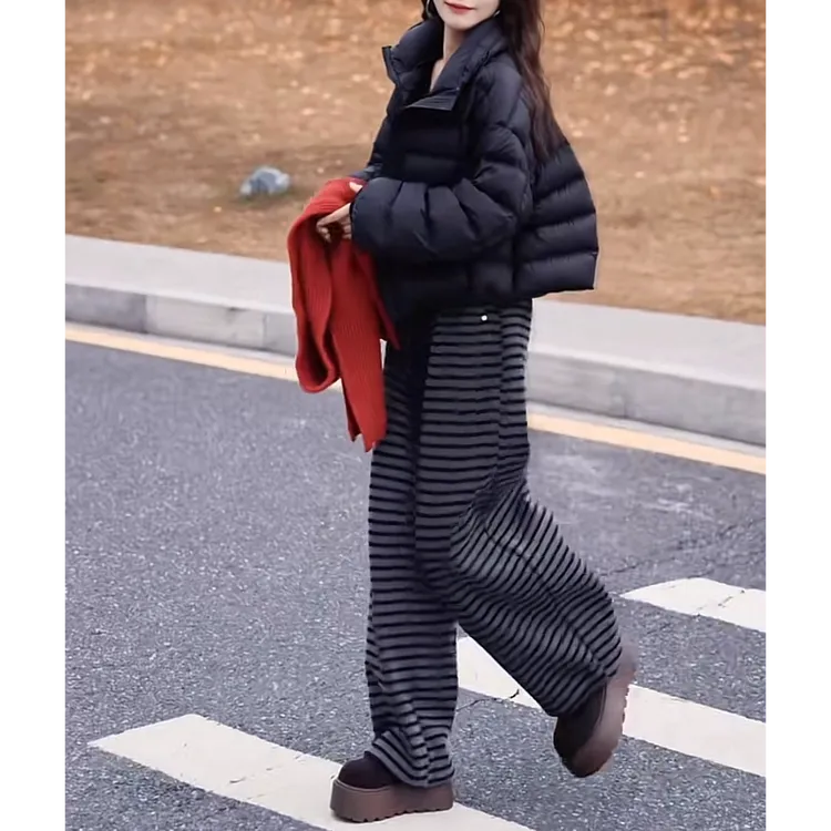 爆款时尚加绒加厚条纹休闲裤女装2025冬季宽松显瘦高腰抽绳阔腿裤