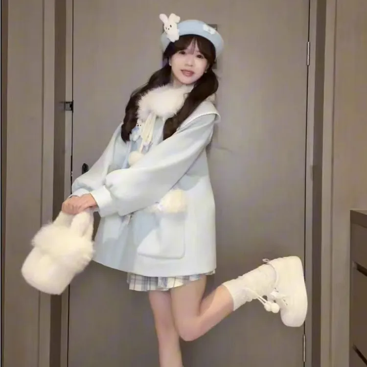 蓝色毛领牛角扣毛呢外套女秋冬季甜美风加厚娃娃领中长款呢子大衣