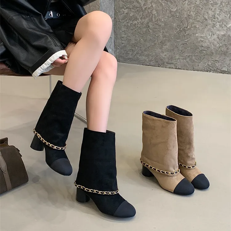 复古小香风粗跟短靴新款洋气靴子女靴高跟金属链条拼色中筒裤管靴