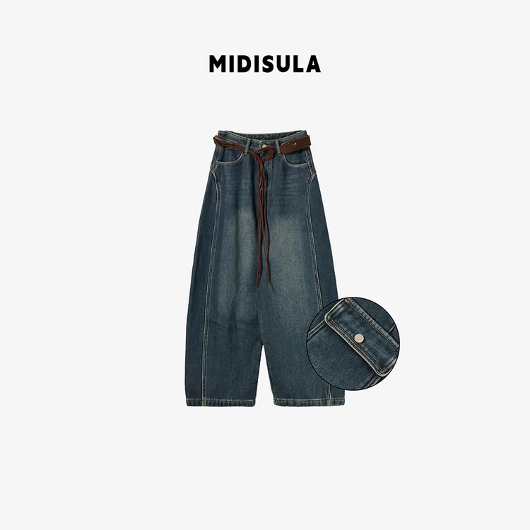 MDSL·欧货时尚复古水洗高腰设计感翻盖简约百搭弯刀牛仔裤#02494