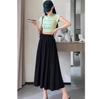 8976-冰丝半身裙（黑色）多褶裙