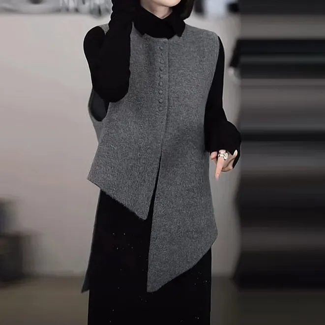 韩系百搭纯色上衣不规则针织马甲套装女2025秋季新款宽松显瘦上衣