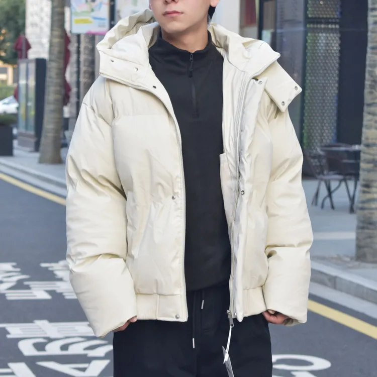 【桔子FASHION】冬季三防重磅短款羽绒连帽PU皮棉服外套加厚男防风