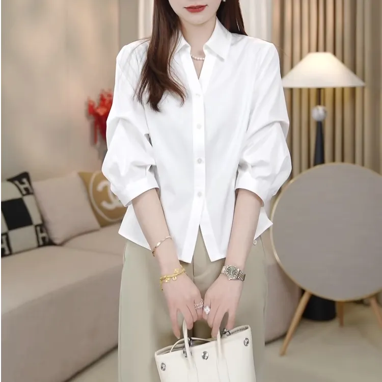 夏季新款气质小众白色上衣百搭收腰外穿内搭显高显瘦中袖衬衫女款