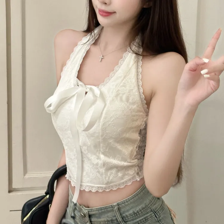 性感纯欲少女吊带背心女蕾丝花边挂脖蝴蝶结内搭修身显瘦带胸垫