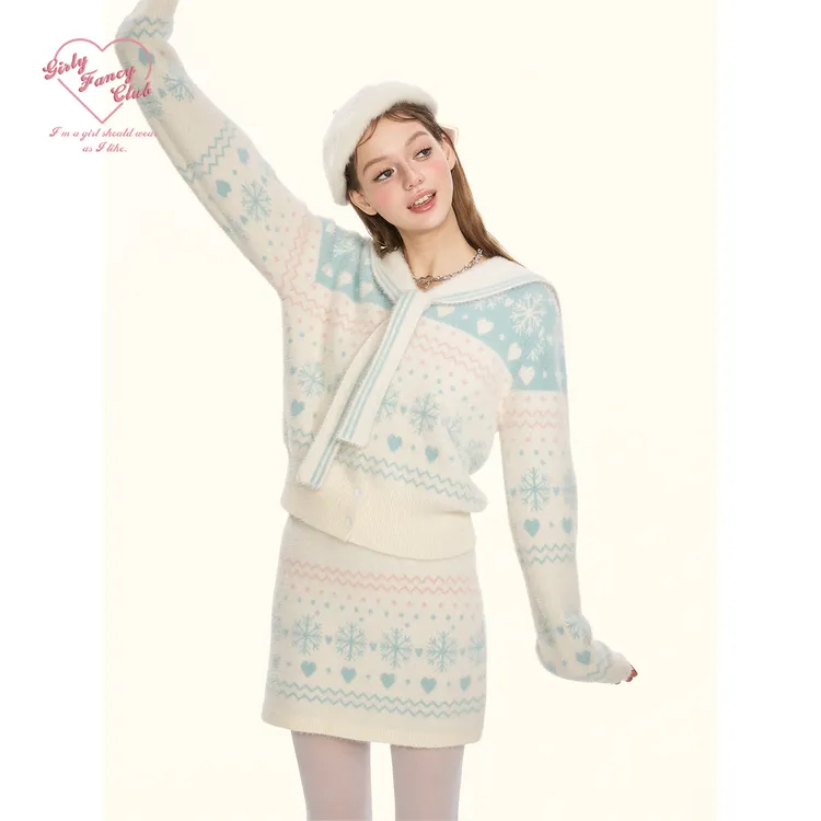 GirlyFancyClub奶油小雪人*冬日雪花海军领上衣貂毛针织毛衣套装