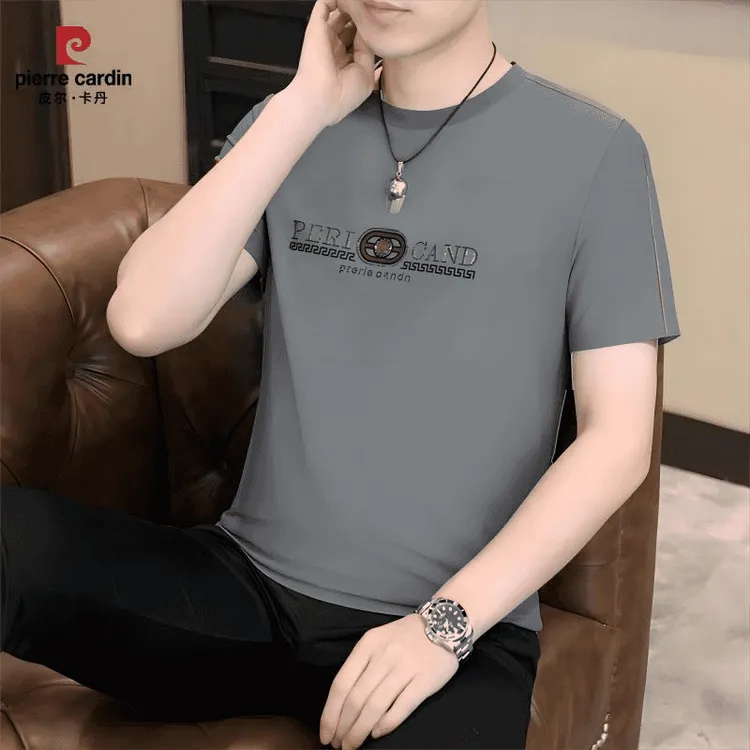 皮尔卡丹2025新款男士冰丝T恤圆领短袖休闲百搭字母烫钻夏季半袖