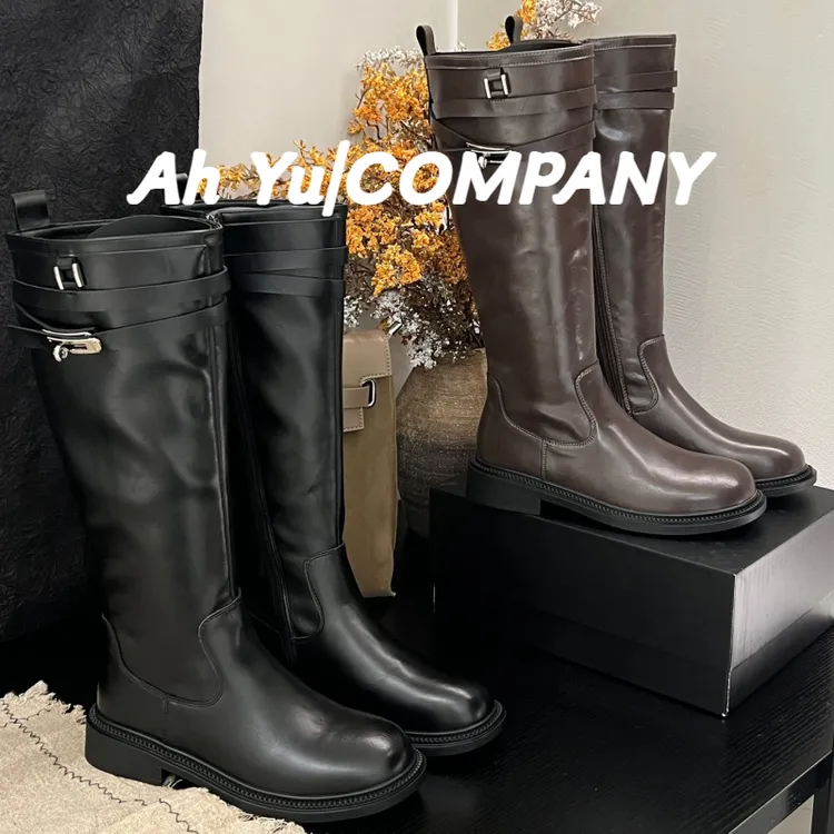 2025秋冬新款真皮长筒靴子女圆头高筒粗跟黑色厚底骑士不过膝长靴