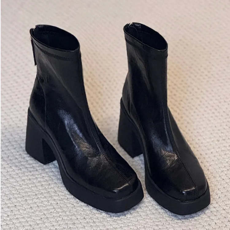 羊皮版~增高厚底短靴女小个子高跟鞋粗跟马丁靴子法式方头瘦瘦靴