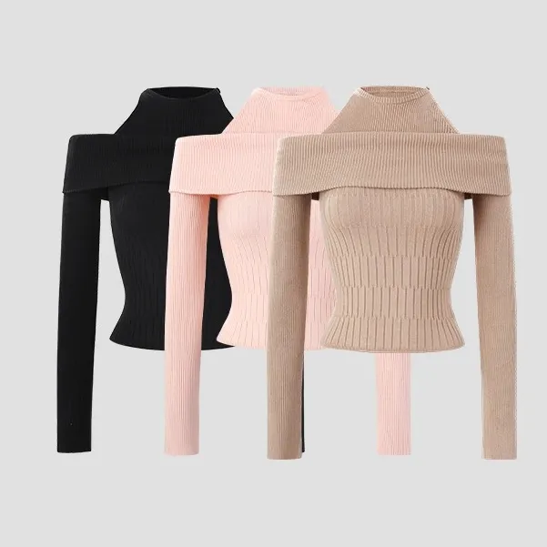 假两件设计感一字肩针织衫毛衣女修身露肩百搭时尚女上衣H9-98