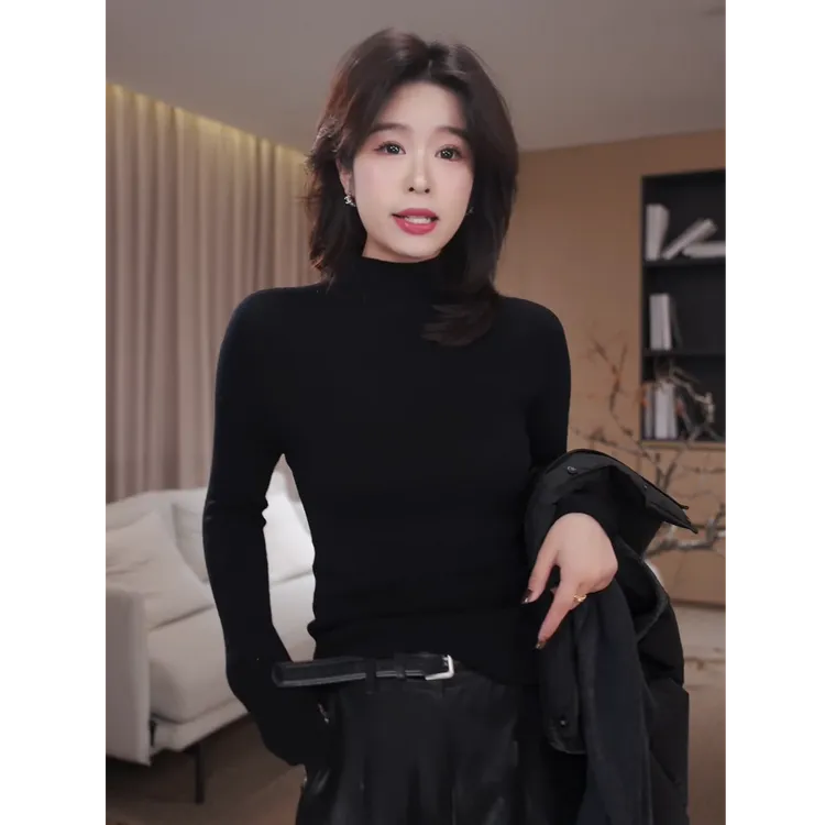 广州琴姐【穿搭核心】琥珀流光风羊毛长袖半高领针织衫女打底98109