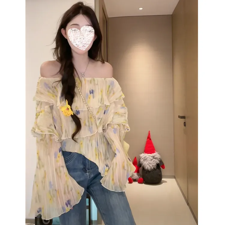 法式复古碎花一字肩长袖雪纺衬衫女春夏季荷叶边甜美独特别致上衣