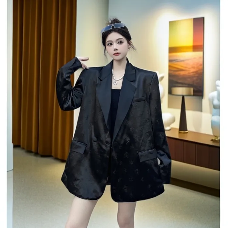 小众炸街高级感女装黑色山茶花轻奢气质缎面春秋时尚高定西装外套