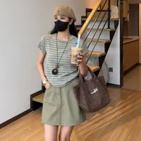 145-160小个子绿色条纹百搭正肩短袖t恤女夏季小众薄款修身圆领