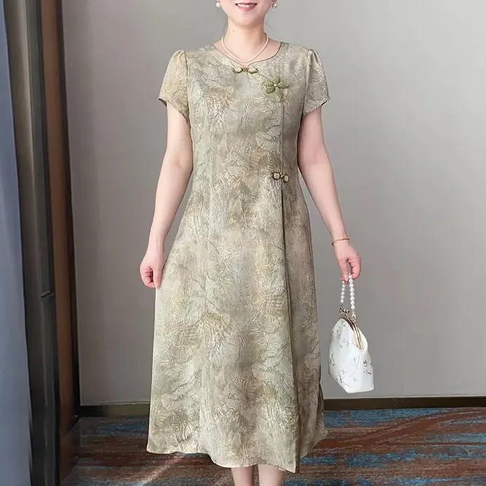妈妈夏装改良新中式连衣裙中年女洋气短袖裙子中老年时尚减龄长裙