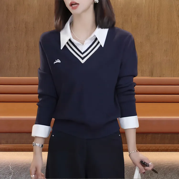 2025年秋季新款韩系减龄上衣假两件拼接字母刺绣长袖简约针织衫女