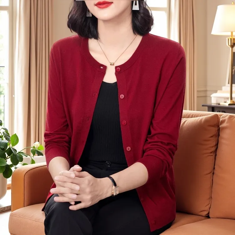 纯100羊绒衫薄款针织开衫女2025年春秋新款女士妈妈时尚毛衣外套