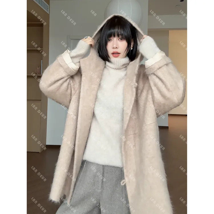 【咖域浮屿】绵羊毛+山羊绒时尚宽松显瘦单排扣连帽休闲毛呢外套