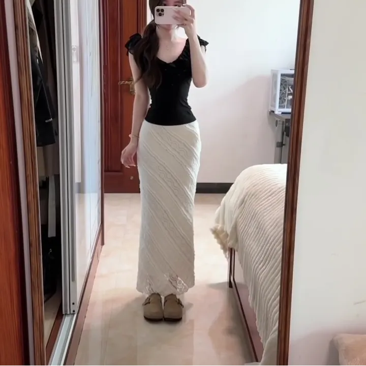 2025夏季新款法式纯欲复古网纱荷叶边短袖T恤上衣高腰显瘦半身裙