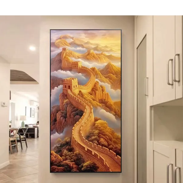 新中式金色万里长城竖版玄关装饰画高档大气客厅背景墙挂画