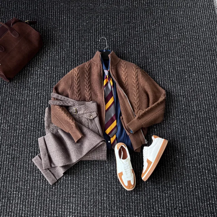 CssuGent 冬季重磅厚款提花保暖针织毛衣开衫男绅士优雅老钱风潮