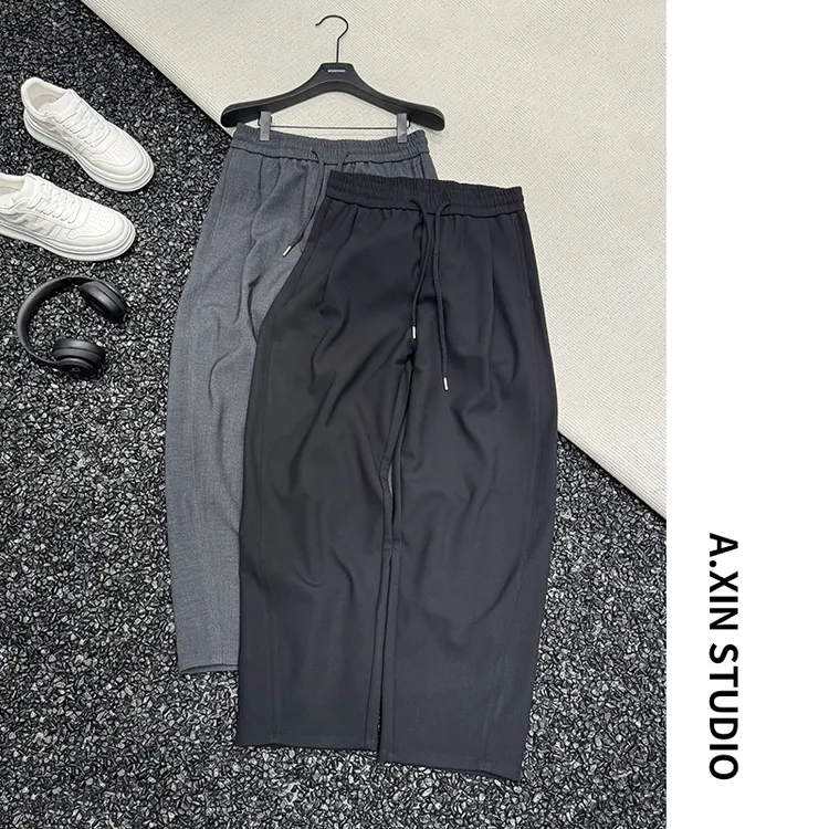 【轻奢休闲风】春秋男士莱赛尔蚕丝混纺纯色宽松直筒抽绳休闲裤长裤