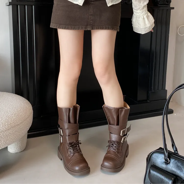 棕色西部牛仔裤管靴女堆堆马丁靴薄款透气秋季2025新款美拉德短靴