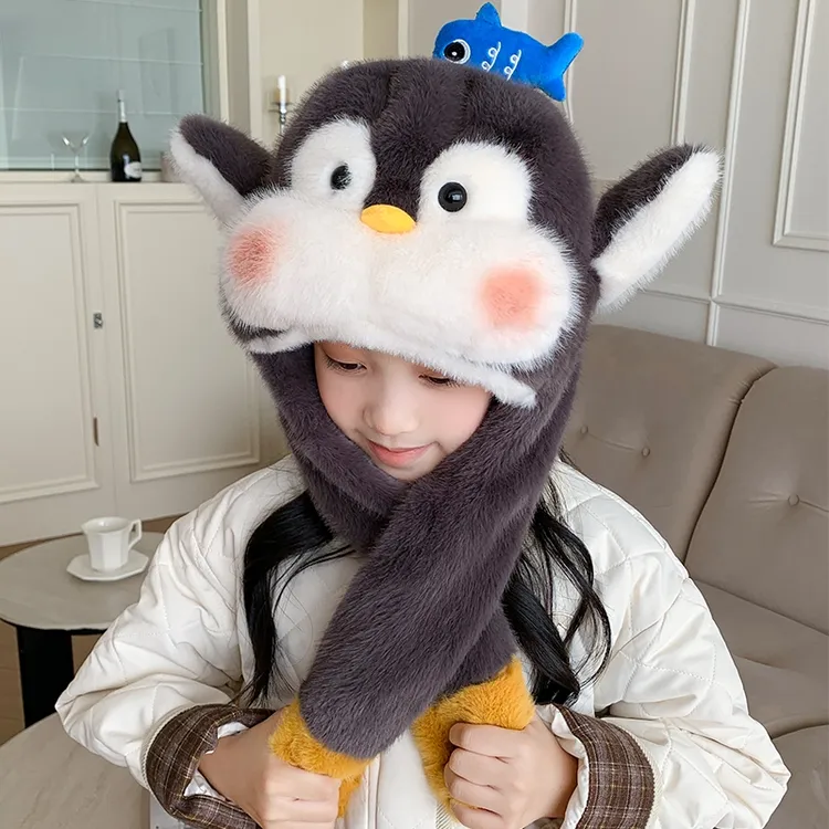 儿童冬季毛绒护耳帽男女耳朵会动宝宝企鹅会叫帽子围脖一体两件套