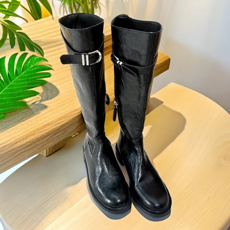 DN秋冬新款高筒皮带扣粗跟鞋子女款网红款百搭22657-8长筒圆头