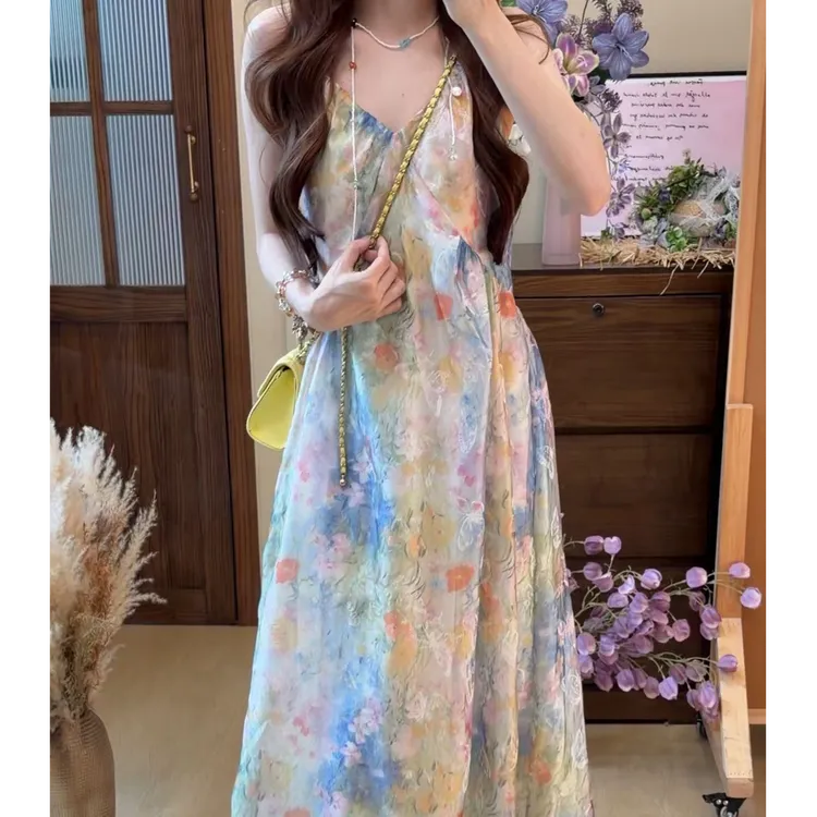 【自制设计款】8773#夏季新款琉璃焕彩碎花吊带掐腰显瘦度假