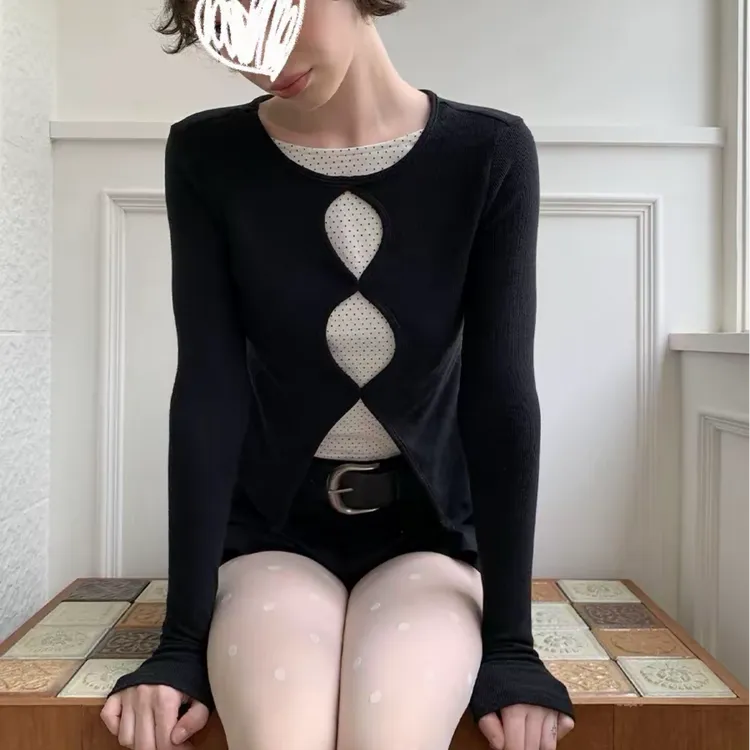 假两件镂空波点长袖t恤女秋季新款修身针织上衣